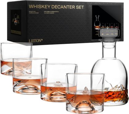 Liiton The Peaks Crystal Whiskey Decanter Set (Everest, Denali, Everest, Fuji & Mont Blanc)